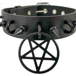 Funk Plus 1 1/4" LEATHER CHOKER WITH U RING AND 2" STAINLESS STEEL PENTAGRAM RING