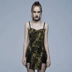 Punk Rave Grunge Double Color Side Slit Slip Dress - Black & Yellow