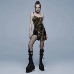 Punk Rave Grunge Double Color Side Slit Slip Dress - Black & Yellow