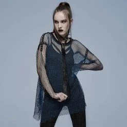 Punk Rave Grunge Double Color Splice Mesh Top - Black And Blue Men's Stuff