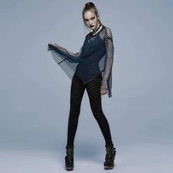 Punk Rave Grunge Double Color Splice Mesh Top - Black And Blue Men's Stuff