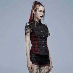 Punk Rave Women's Stuff Punk Plaid Splice Mesh Strappy Shirt